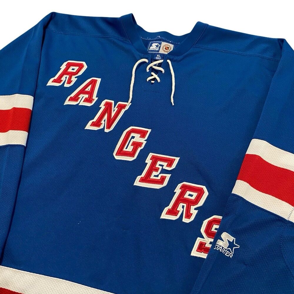 Vintage Starter NHL New York Rangers Hockey Jersey 90s Y2K Lace Up Neck Blue XL